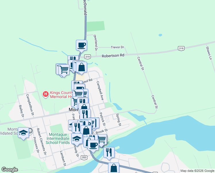 map of restaurants, bars, coffee shops, grocery stores, and more near 363-389 Campbell Avenue in Montague