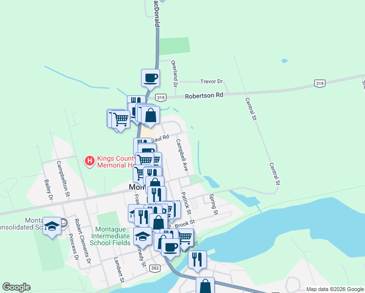 map of restaurants, bars, coffee shops, grocery stores, and more near 385 Campbell Avenue in Montague