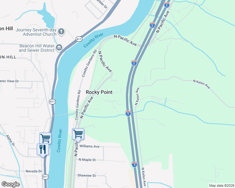 map of restaurants, bars, coffee shops, grocery stores, and more near 206 Rocky Point Road in Kelso