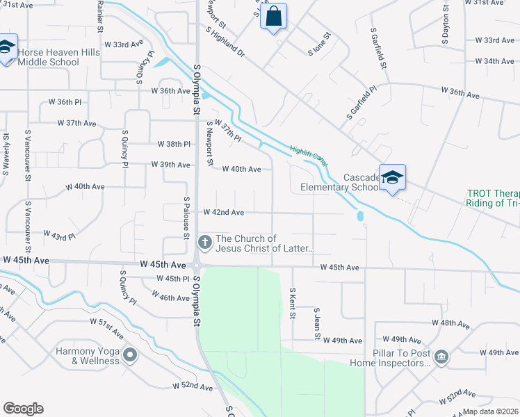 map of restaurants, bars, coffee shops, grocery stores, and more near 1104 West 42nd Avenue in Kennewick