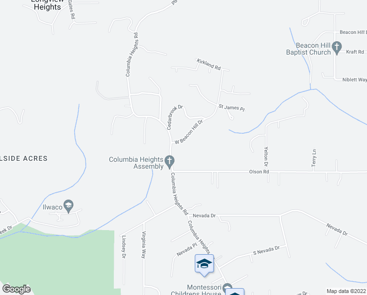 map of restaurants, bars, coffee shops, grocery stores, and more near 106 West Beacon Hill Drive in Longview