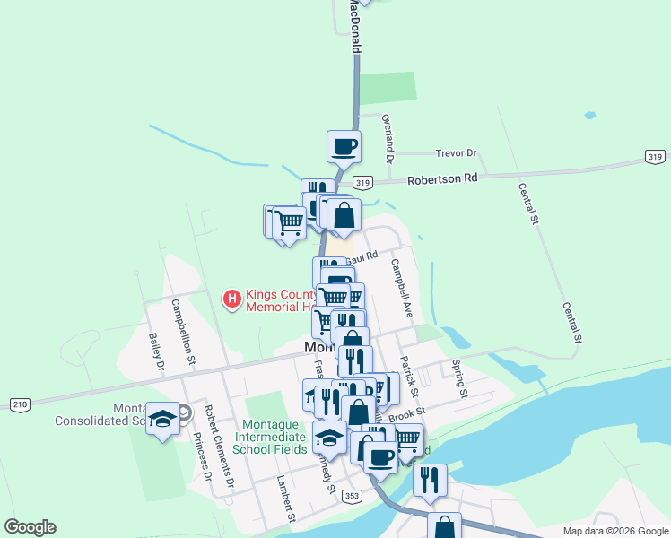 map of restaurants, bars, coffee shops, grocery stores, and more near 7 Gaul Road in Montague