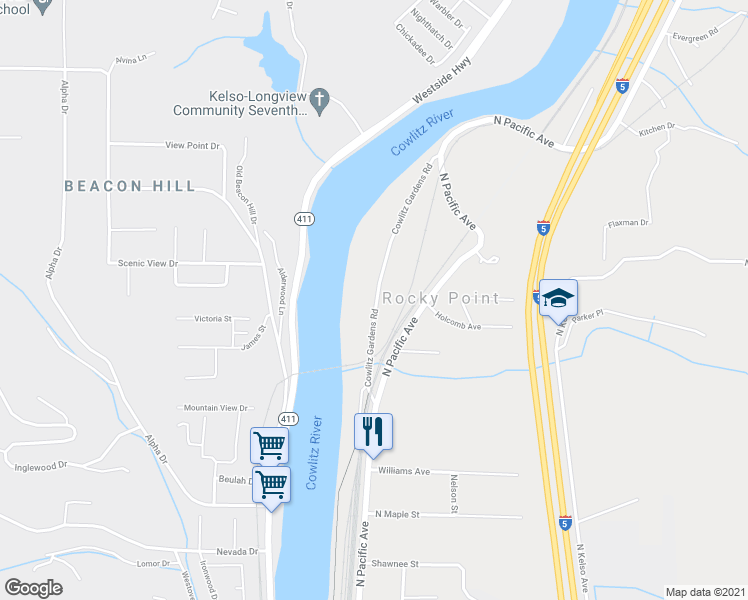 map of restaurants, bars, coffee shops, grocery stores, and more near 133 Cowlitz Gardens Road in Kelso