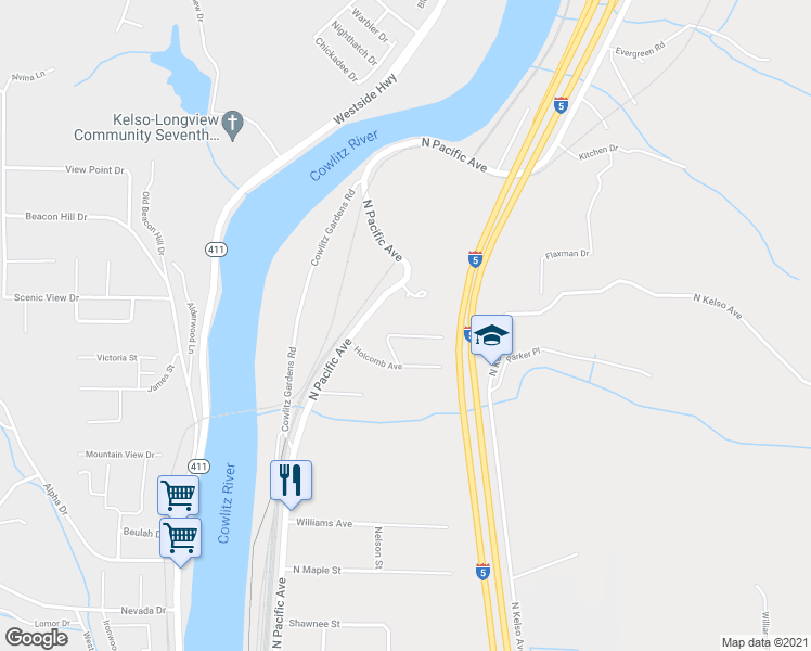 map of restaurants, bars, coffee shops, grocery stores, and more near 210 Rocky Point Road in Kelso