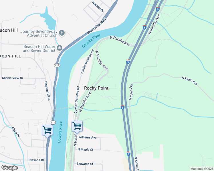 map of restaurants, bars, coffee shops, grocery stores, and more near 208 Rocky Point Road in Kelso