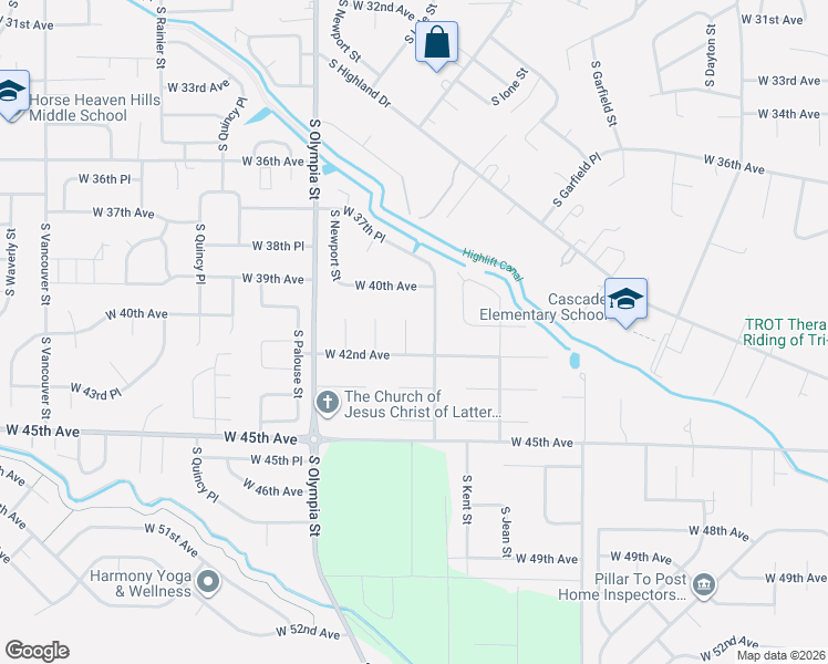 map of restaurants, bars, coffee shops, grocery stores, and more near 1104 West 42nd Avenue in Kennewick