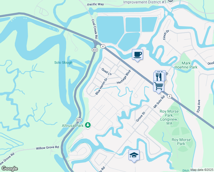 map of restaurants, bars, coffee shops, grocery stores, and more near 62 Heritage Boulevard in Longview