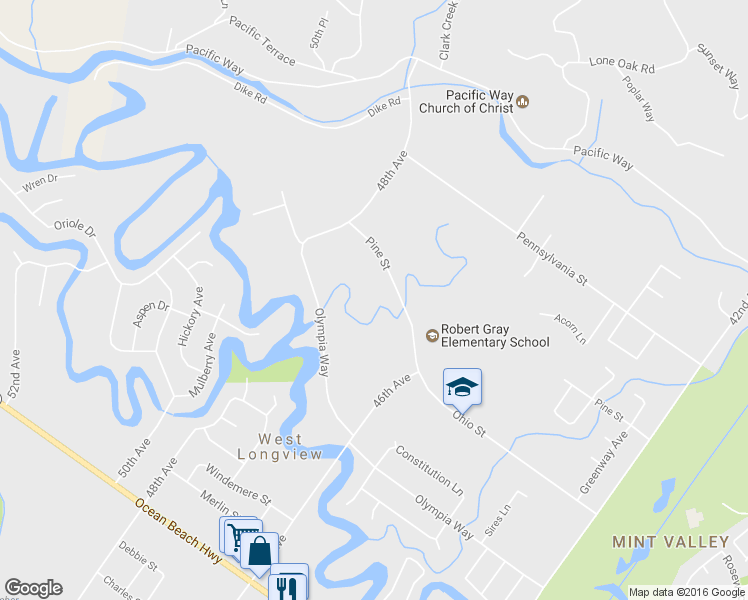 map of restaurants, bars, coffee shops, grocery stores, and more near 4657 Ohio Street in Longview