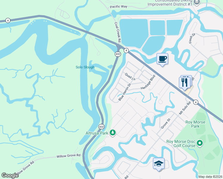 map of restaurants, bars, coffee shops, grocery stores, and more near 124 Blue Heron Drive in Longview