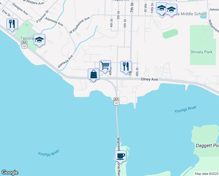 map of restaurants, bars, coffee shops, grocery stores, and more near 1400 West Marine Drive in Astoria