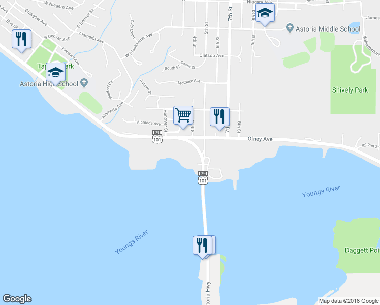 map of restaurants, bars, coffee shops, grocery stores, and more near 318 Olney Avenue in Astoria