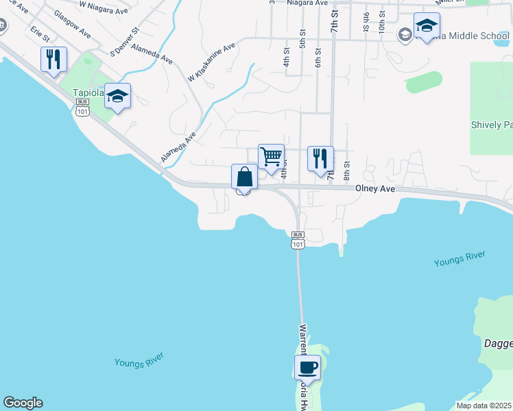 map of restaurants, bars, coffee shops, grocery stores, and more near 1310 West Marine Drive in Astoria