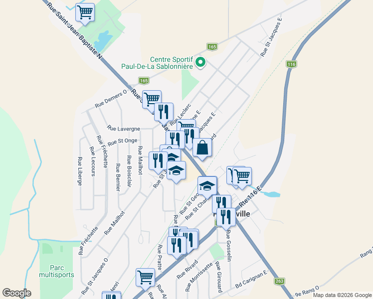 map of restaurants, bars, coffee shops, grocery stores, and more near 10 Rue Saint Jacques Est in Princeville