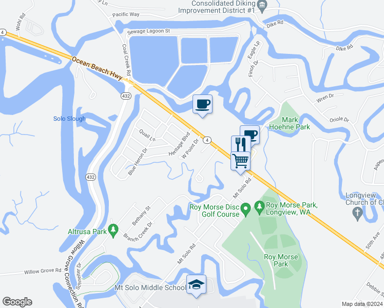 map of restaurants, bars, coffee shops, grocery stores, and more near 16 West Point Drive in Longview