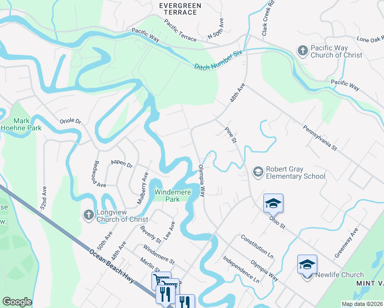 map of restaurants, bars, coffee shops, grocery stores, and more near 4731 Olympia Way in Longview