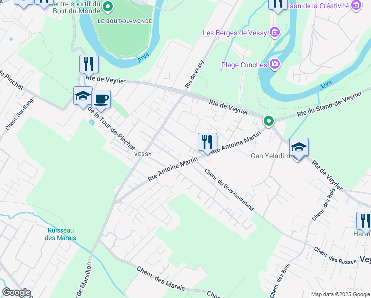 map of restaurants, bars, coffee shops, grocery stores, and more near in Vessy