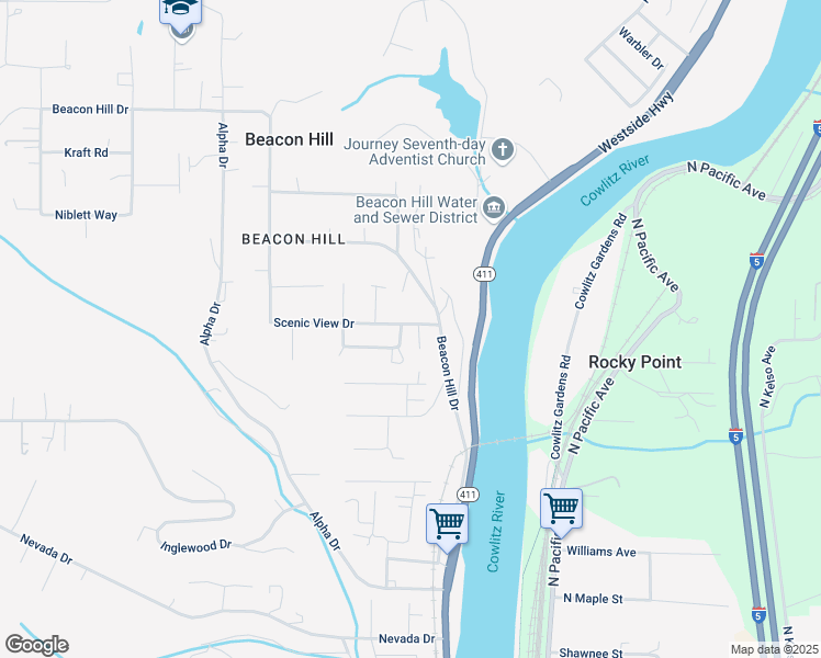 map of restaurants, bars, coffee shops, grocery stores, and more near 105 McMillan Drive in Longview