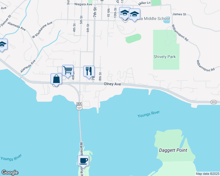 map of restaurants, bars, coffee shops, grocery stores, and more near 901-999 Nehalem Hwy in Astoria