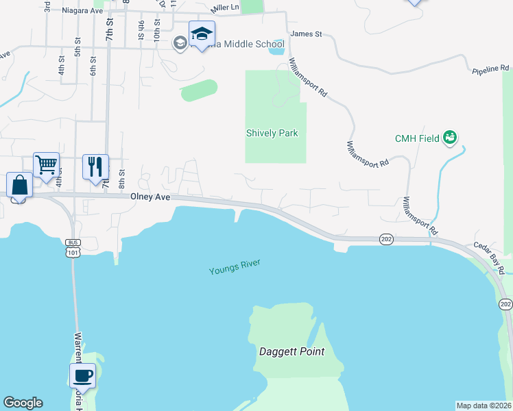 map of restaurants, bars, coffee shops, grocery stores, and more near 1398 Olney Avenue in Astoria