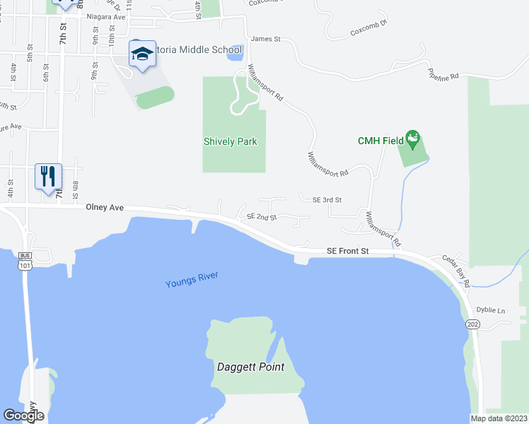 map of restaurants, bars, coffee shops, grocery stores, and more near 1692 Southeast 2nd Street in Astoria