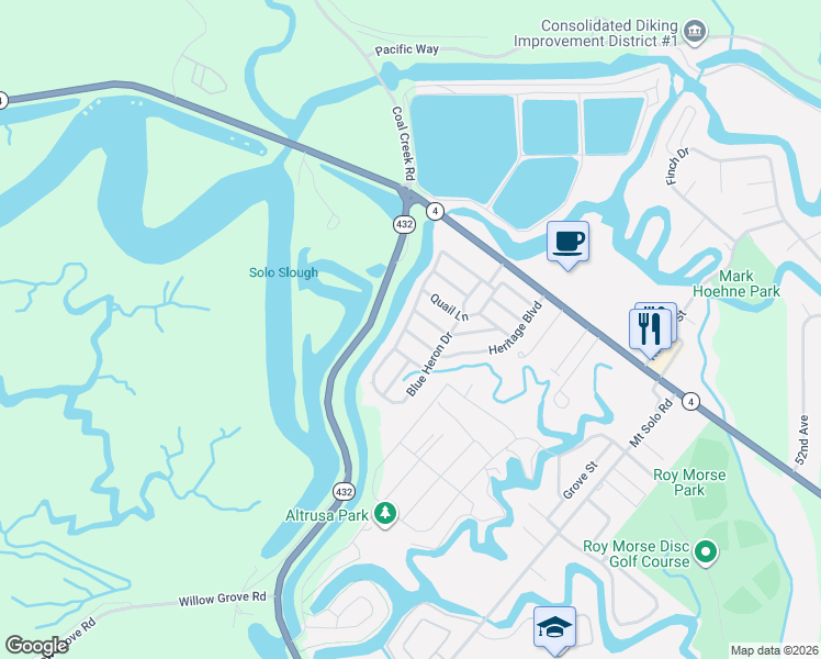 map of restaurants, bars, coffee shops, grocery stores, and more near 131 Blue Heron Drive in Longview
