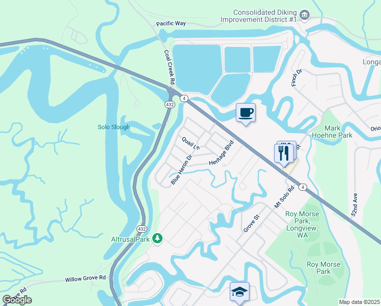 map of restaurants, bars, coffee shops, grocery stores, and more near 500 Mallard Lane in Longview