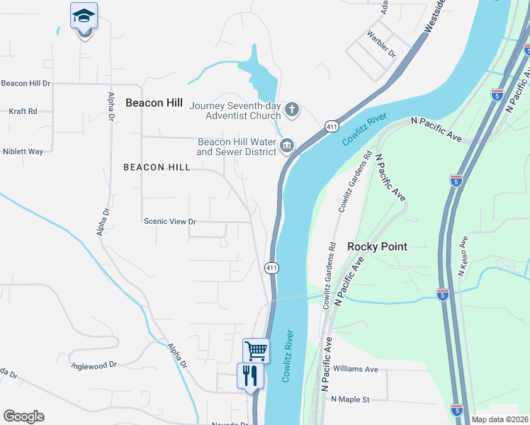 map of restaurants, bars, coffee shops, grocery stores, and more near 120 Alderwood Lane in Longview