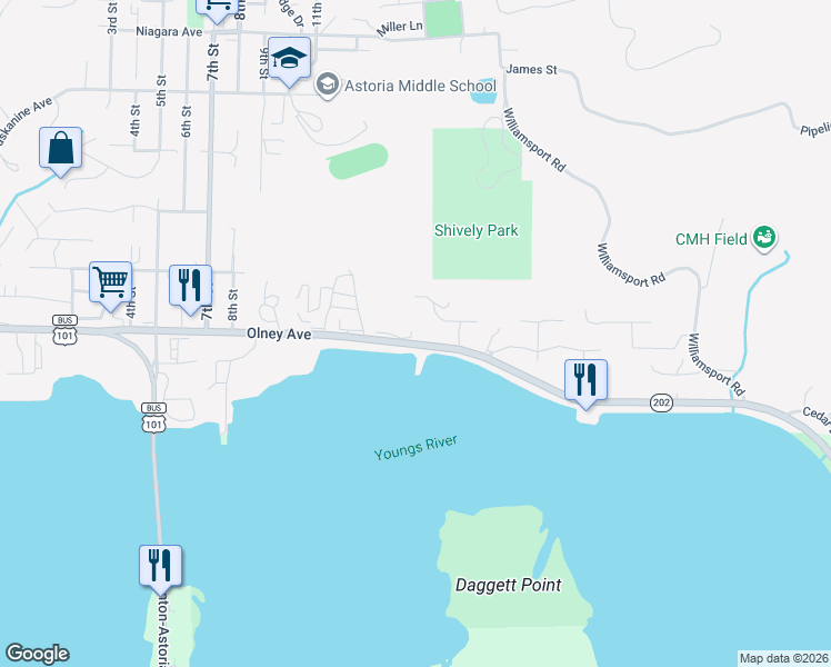 map of restaurants, bars, coffee shops, grocery stores, and more near 1398 Olney Avenue in Astoria