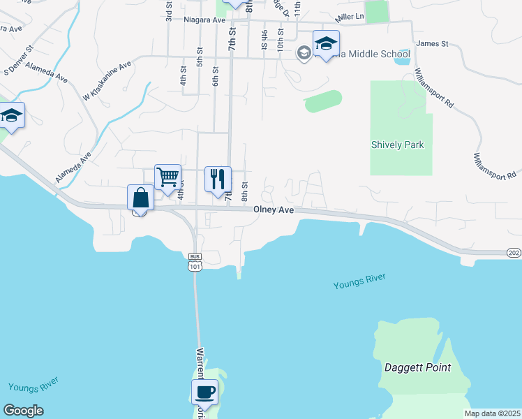 map of restaurants, bars, coffee shops, grocery stores, and more near 901 Nehalem Highway in Astoria