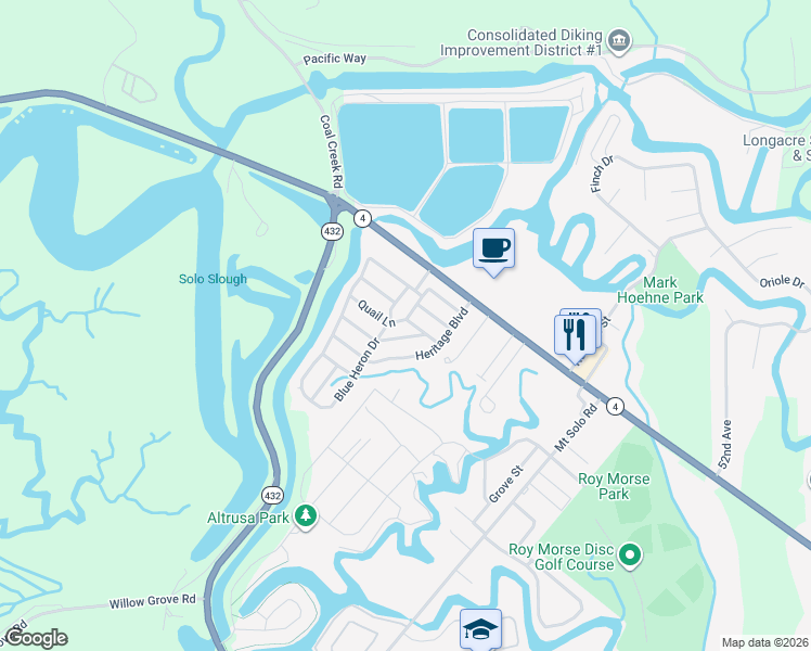 map of restaurants, bars, coffee shops, grocery stores, and more near 327 Franklin Place in Longview