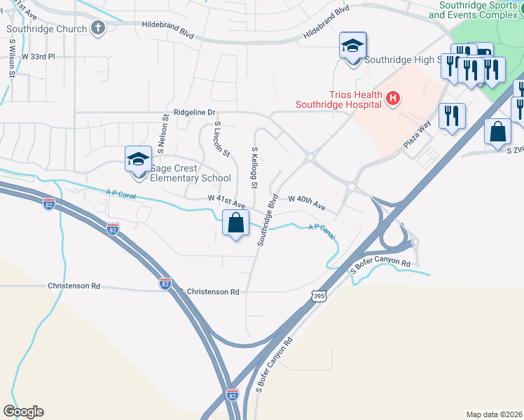map of restaurants, bars, coffee shops, grocery stores, and more near 5853 West 41st Avenue in Kennewick