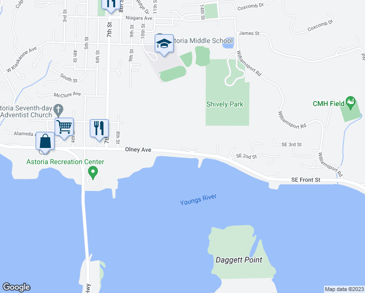 map of restaurants, bars, coffee shops, grocery stores, and more near 1328 Olney Avenue in Astoria