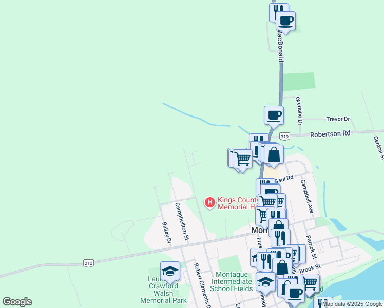 map of restaurants, bars, coffee shops, grocery stores, and more near Connolly Crescent in Montague