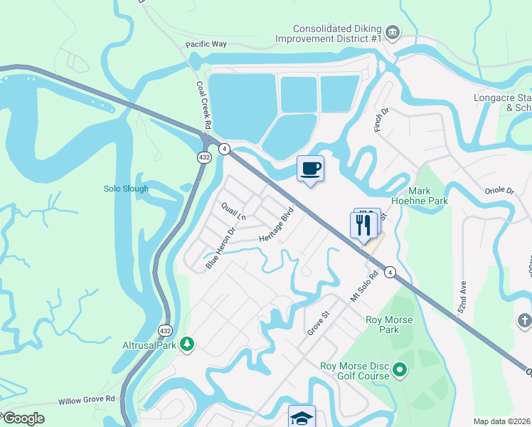 map of restaurants, bars, coffee shops, grocery stores, and more near 129 Arlington Place in Longview