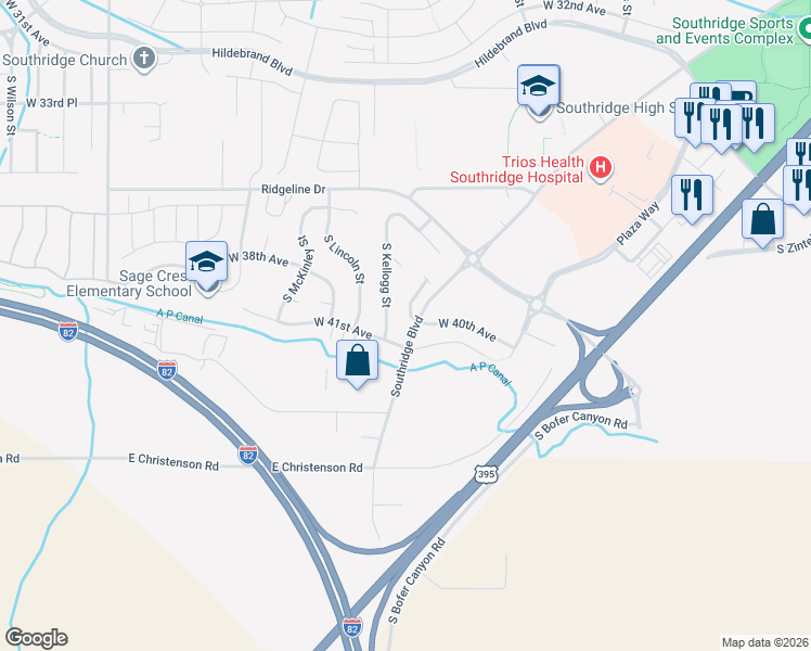 map of restaurants, bars, coffee shops, grocery stores, and more near 5853 West 41st Avenue in Kennewick