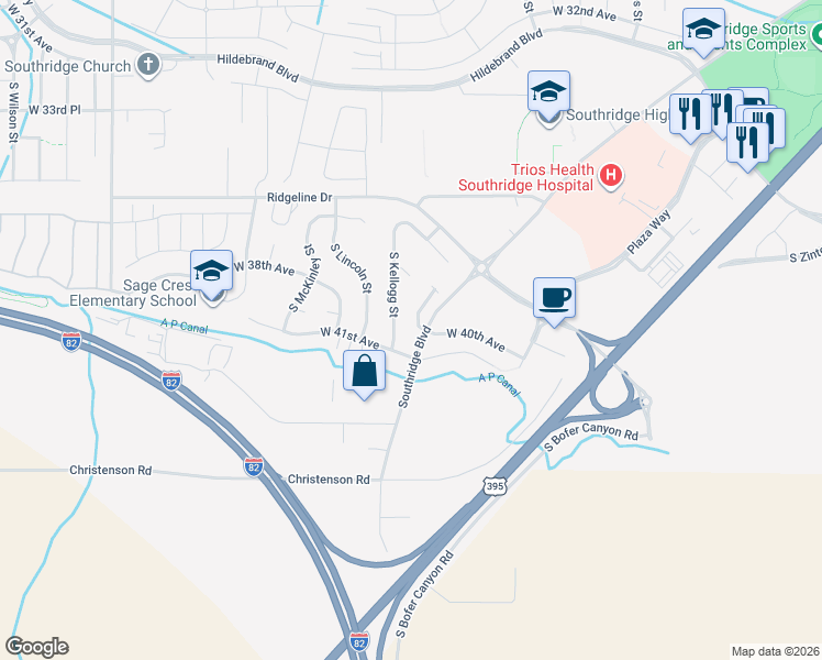 map of restaurants, bars, coffee shops, grocery stores, and more near South Kellogg Street in Kennewick