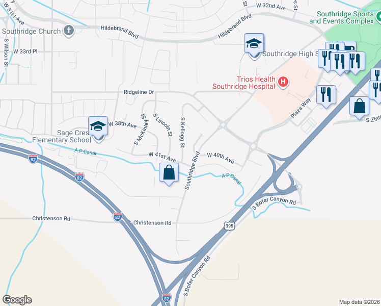 map of restaurants, bars, coffee shops, grocery stores, and more near South Kellogg Street in Kennewick