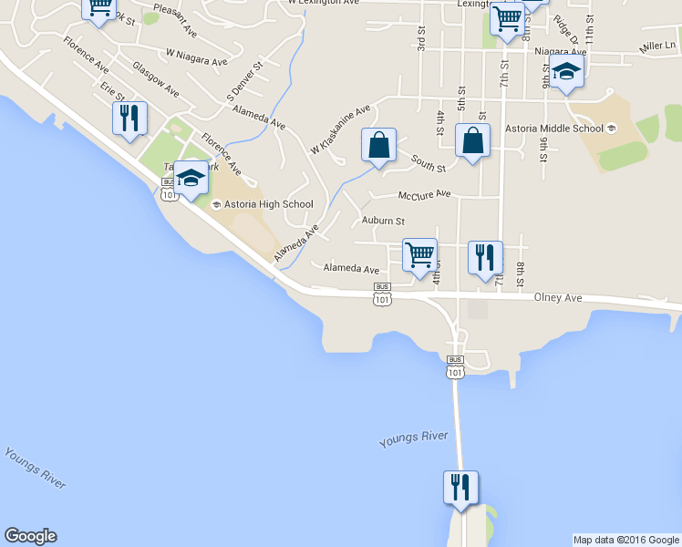 map of restaurants, bars, coffee shops, grocery stores, and more near 1206 Alameda Avenue in Astoria