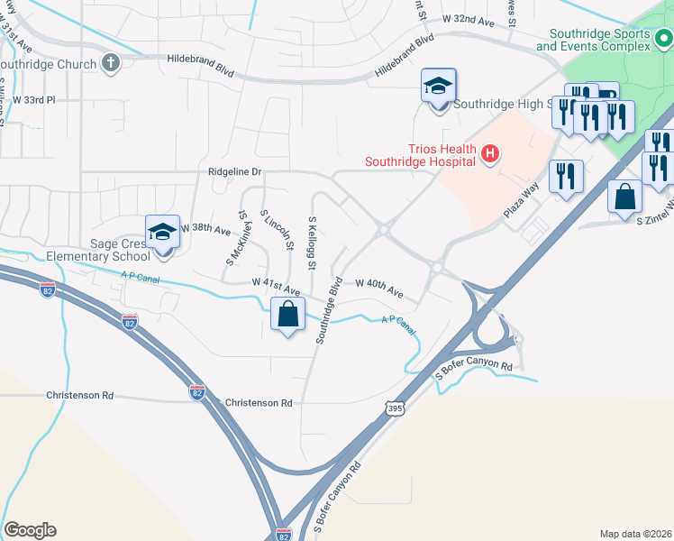 map of restaurants, bars, coffee shops, grocery stores, and more near South Kellogg Street in Kennewick