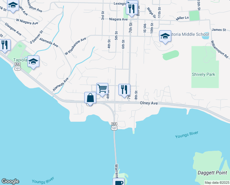 map of restaurants, bars, coffee shops, grocery stores, and more near 1815 5th Street in Astoria
