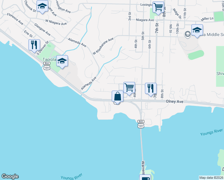 map of restaurants, bars, coffee shops, grocery stores, and more near 1217 Alameda Avenue in Astoria