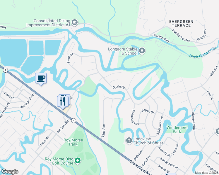 map of restaurants, bars, coffee shops, grocery stores, and more near 5321 Oriole Drive in Longview