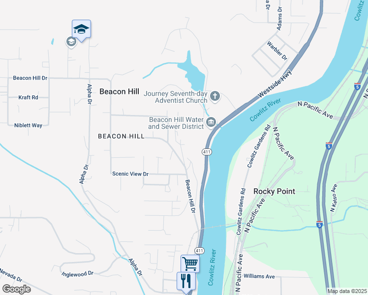 map of restaurants, bars, coffee shops, grocery stores, and more near 126 Beacon Hill Drive in Longview