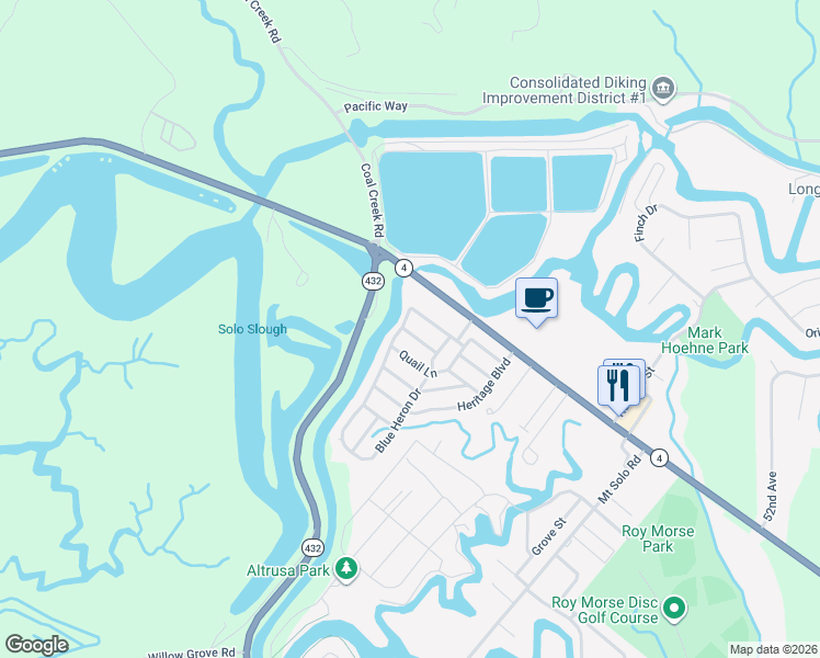 map of restaurants, bars, coffee shops, grocery stores, and more near 167 Blue Heron Drive in Longview