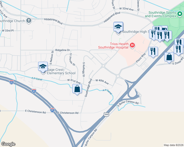 map of restaurants, bars, coffee shops, grocery stores, and more near 3900 Southridge Boulevard in Kennewick