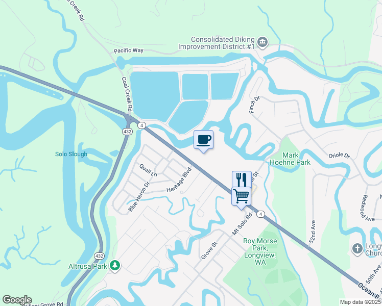 map of restaurants, bars, coffee shops, grocery stores, and more near 5824 Ocean Beach Highway in Longview