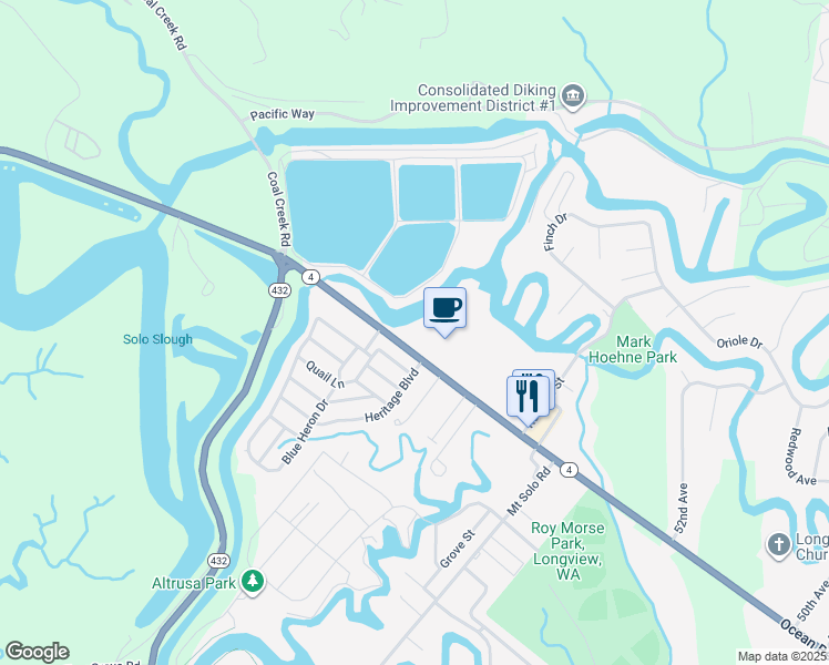 map of restaurants, bars, coffee shops, grocery stores, and more near 5824 Ocean Beach Highway in Longview
