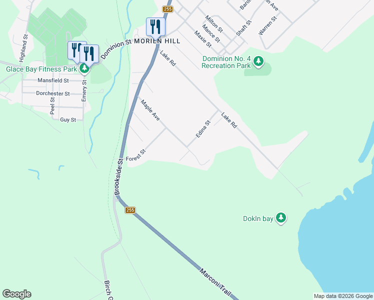 map of restaurants, bars, coffee shops, grocery stores, and more near 174 Maple Avenue in Glace Bay