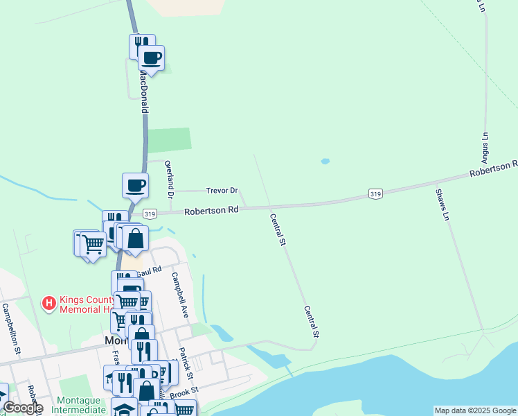 map of restaurants, bars, coffee shops, grocery stores, and more near Robertson Road in Montague