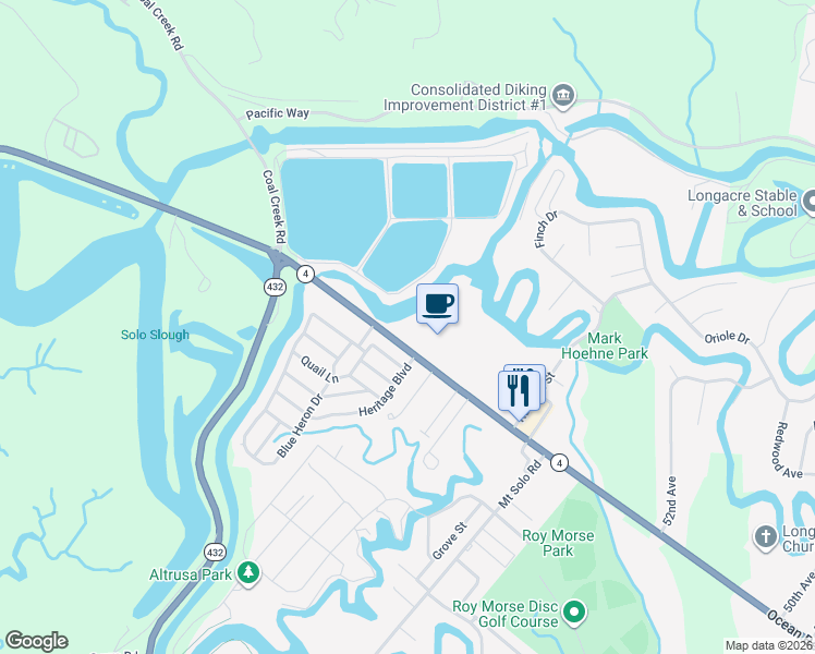 map of restaurants, bars, coffee shops, grocery stores, and more near 5824 Ocean Beach Highway in Longview